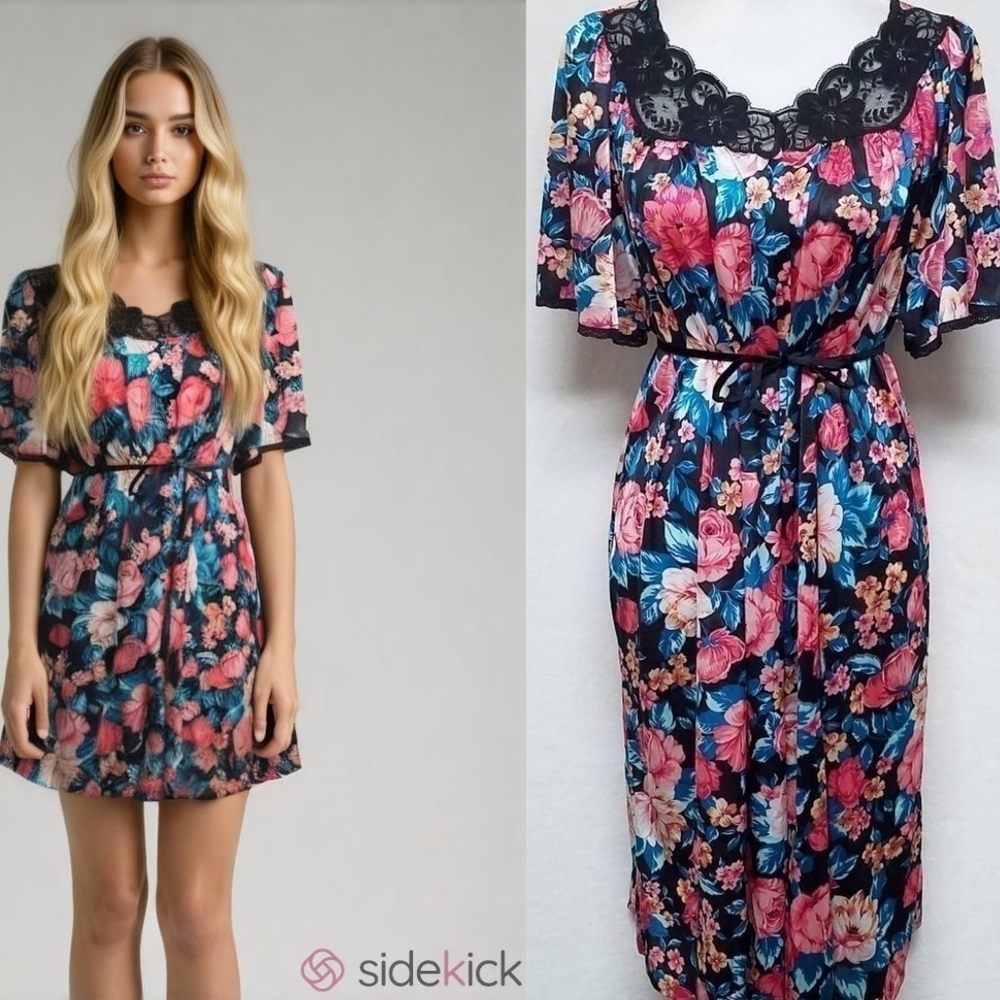 60s Vintage Vanity Fair Floral Print Black Lace Trim Belted Mini Dress M
